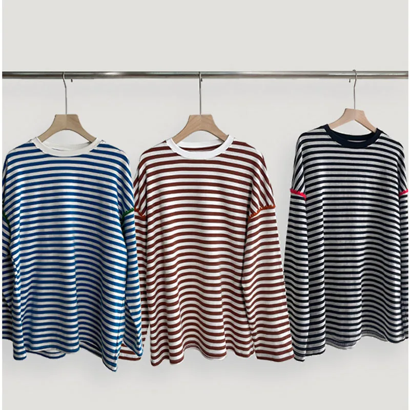 2023 Striped T-shirt Cotton Women Spring Tops Tees Embroidery T Shirt Shirts Casual Loose 230g Heavy Shell Large Profile Clothes