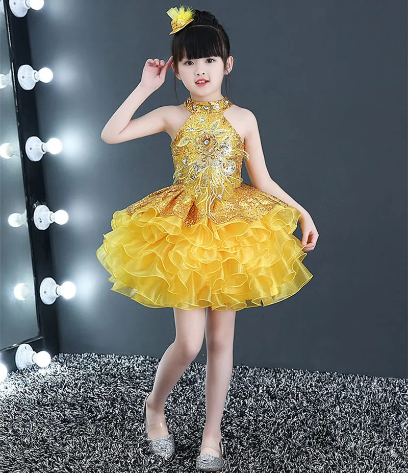 Toddler Girls' Ruffles Short Cupcake Pageant Cute Dresses Lavender Red Yellow Cheap Dance Costume Baby Girl Sequin Dress