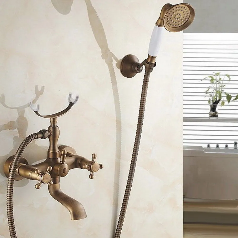 Vintage Antique Brass Wall Mount Bathroom Tub Faucet Set with 1.5M Handheld Shower Spray Head Bath Mixer Tap 2tf154