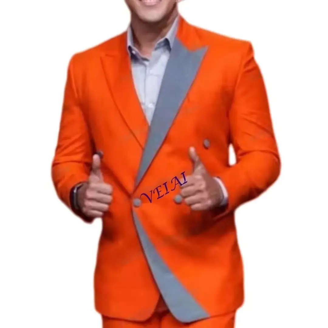 Orange And Grey 2 Piece Men's Business Suit Set Customized Blazer Formal Occasions Wedding Party Prom Groomsmen