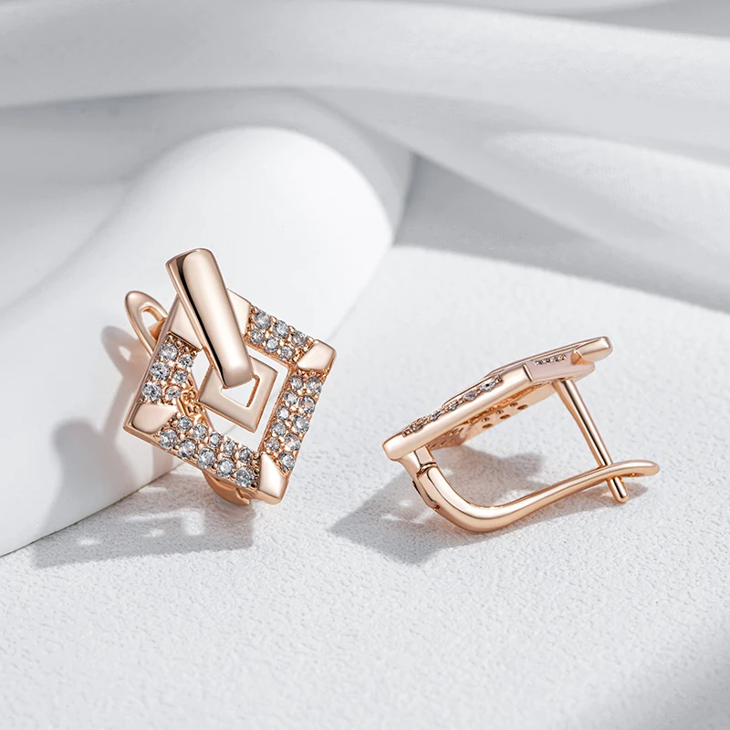 Kinel Hot 585 Rose Gold Color Square English Earrings for Women Fashion Natural Zircon Accessories Daily Fine Vintage Jewelry