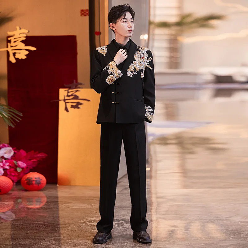 

Yourqipao New Chinese Style Groom Suit 2026 Tunic Suit Stand Collar Engagement Wedding Chinese Suit for Men