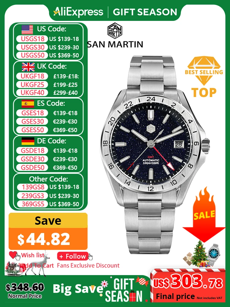 San Martin 39mm Aventurine Gemstone Dial Luxury Men\'s Watch NH34 GMT Automatic Mechanical Sapphire Waterproof Luminous SN0129