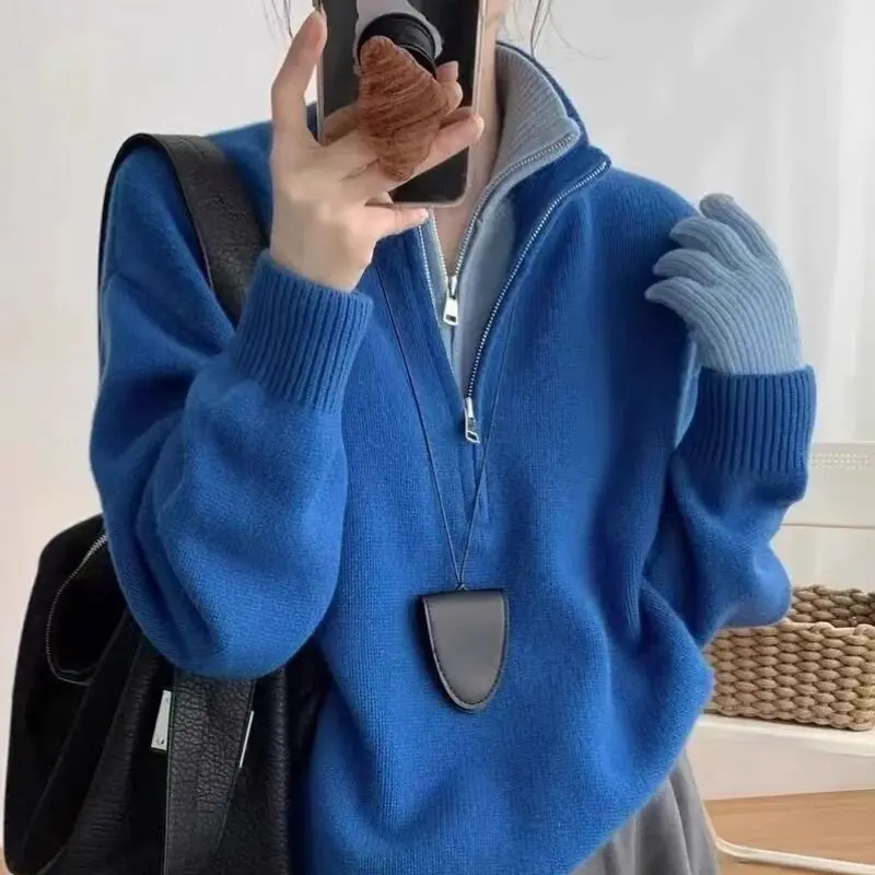 وهمية اثنين طوق اللون منعت نصف سستة سترة محبوك سترة المرأة مريحة جديدة الخريف والشتاء سترة متعددة الاستخدامات #4