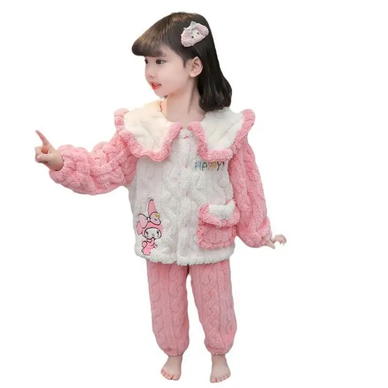 Sanrios Child Pajamas Coral Fleece Girl Kawaii Cartoon Autumn Winter Thicken Keep Warm Plus Velvet Child Lounge Clothes Suit