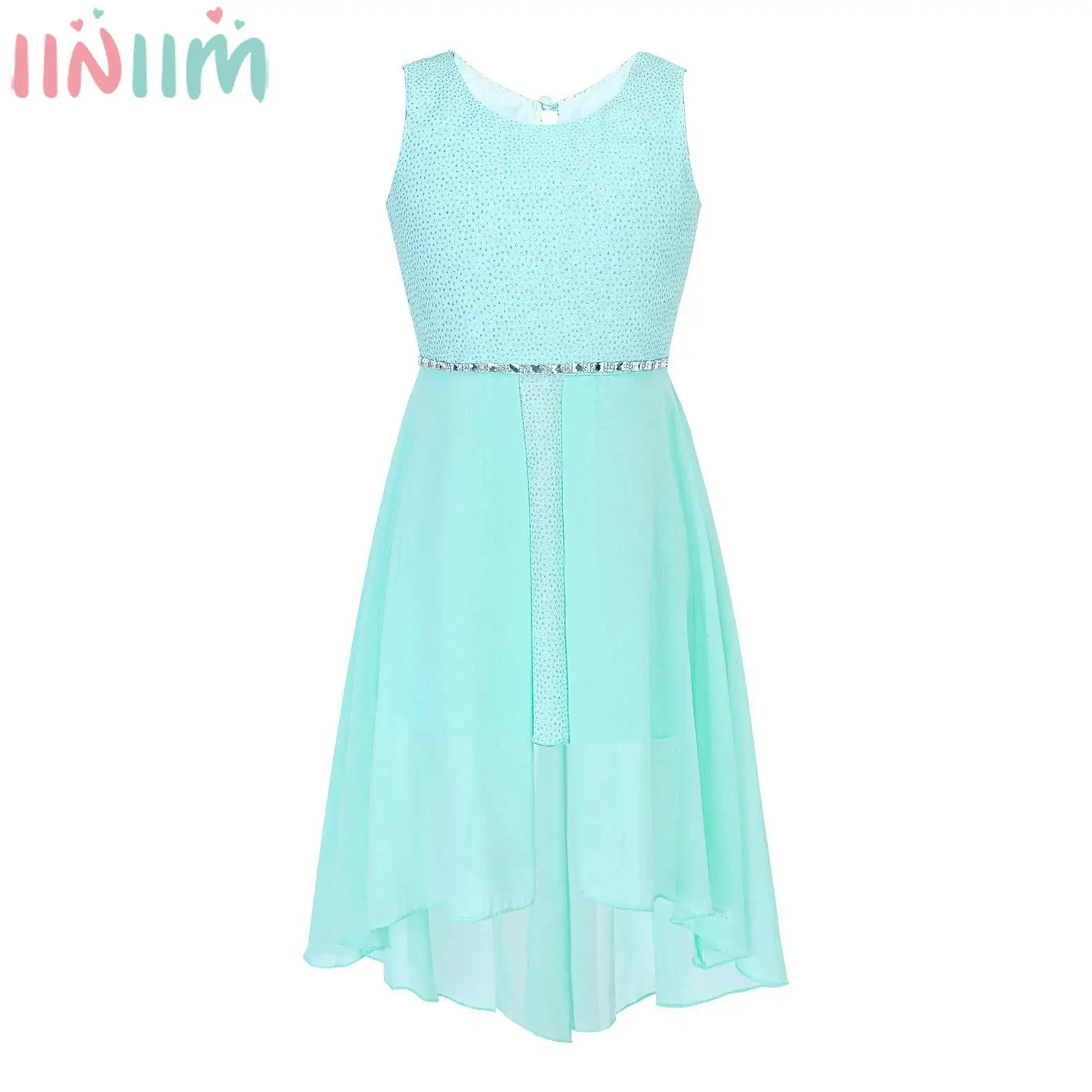 iiniim Girls Elegant Chiffion Princess Dress Sleeveless Sparkly Rhinestone High-low Party Dress for Wedding Bridesmaid Birthday