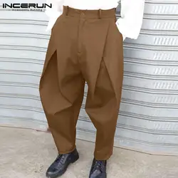 INCERUN Men Pants Solid Color 2024 Button Streetwear Joggers Loose Trousers Men Pleated Pockets Fashion Casual Long Pants S-5XL