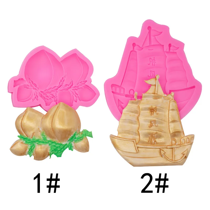 Longevity Peach Sailing Silicone Mold New Year Blessing Cake Chocolate Fondant Decoration Handmade Soap Brickearth Mould 17-755