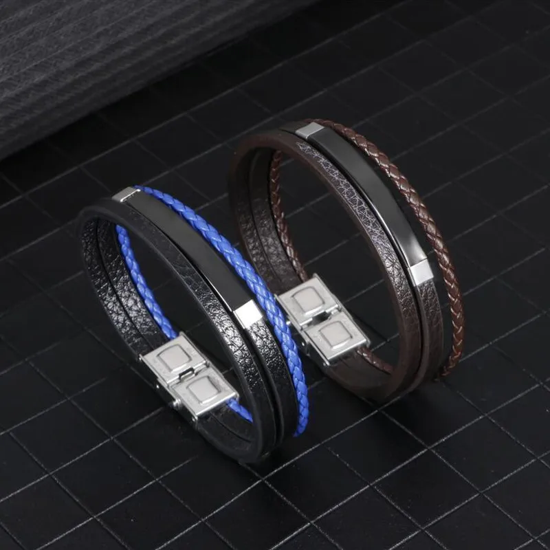 Trendy Leather Bracelets Men Stainless Steel Multilayer Braided Rope Bracelets For Male Bracelets Jewelry
