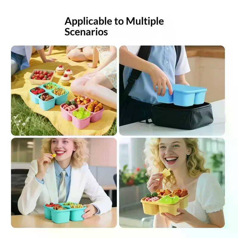 Food Snacks For Picnic - กล่องใส่ขนมซิลิโคนเกรดอาหาร 4 ช่องพร้อมฝาปิดสนิท เหมาะสำหรับเด็ก ไปโรงเรียน ปิกนิก