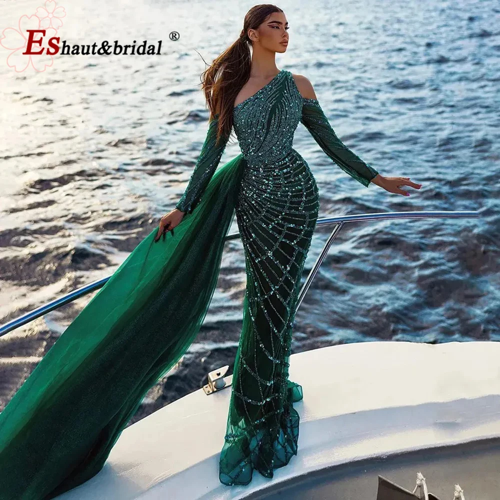 Elegant Emerald Green One Shoulder Mermaid Evening Dress with Overskirt 2023 Luxury Dubai ArabicLong Sleeves Wedding Party Gown