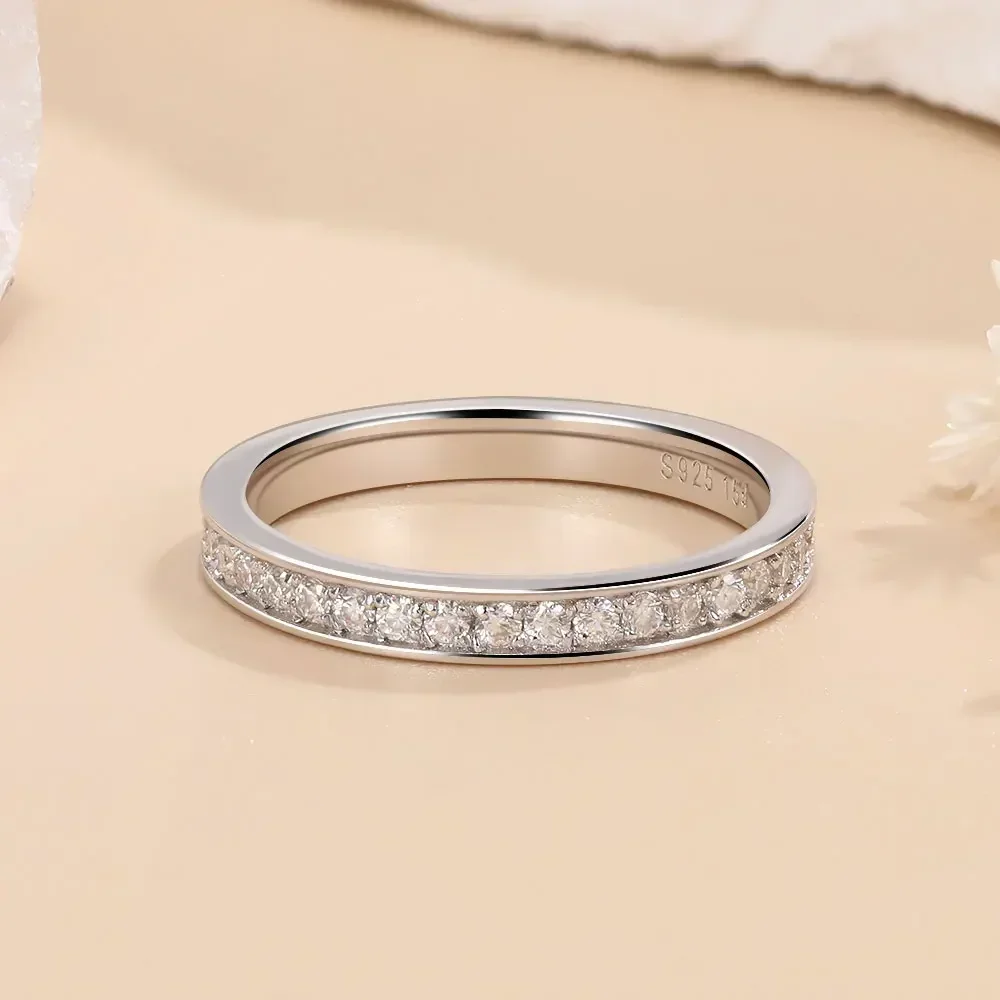 1.5mm Full Moissanite Rings for Women Eternity Wedding Band S925 Sterling Silver D Color Channel Set Lab Diamond Fine Jewelry