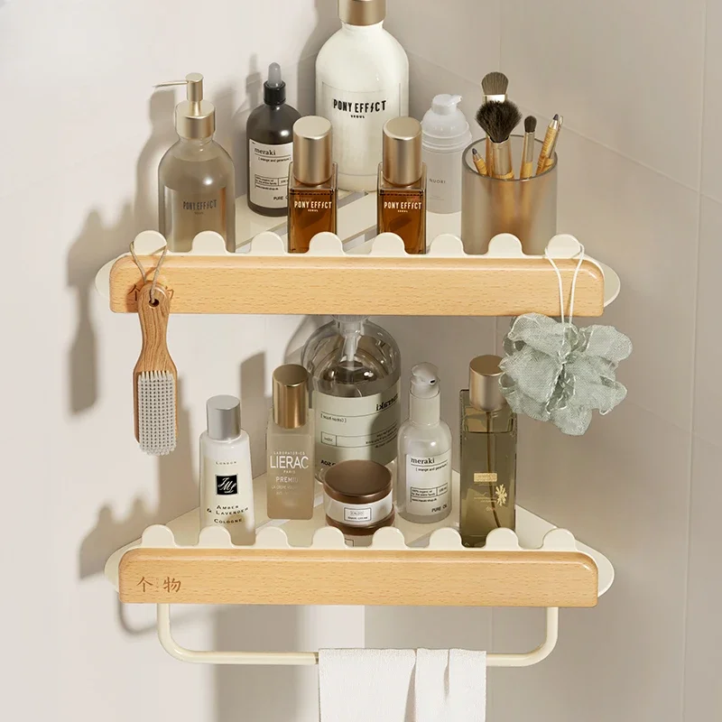 Wooden Triangle Shower Caddy Wall-Mounted Storage Shelves with Hollow Bottom Plate Towel Holder with Stable Load-Bearing Design