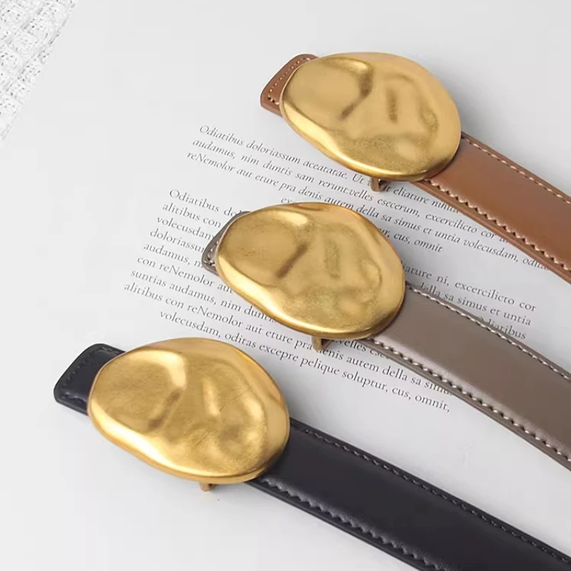2025 Design Irregular Gold Buckle Waist Belts Real Leather Slim Corset Jeans Strap Women Plain Cowskin Waistbands Ceinture Femme