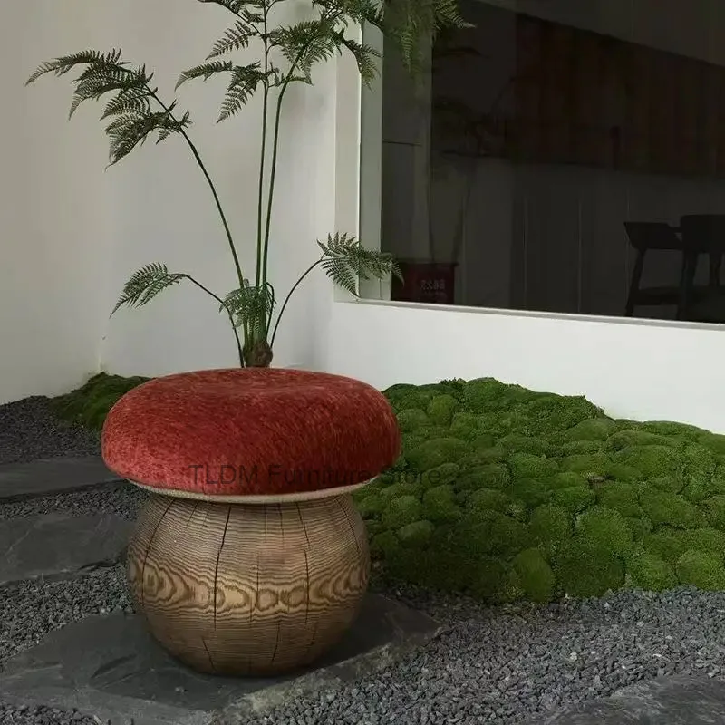 Mushroom Shaped Stool,Wood Base Plush Round Cushioned Top Creative Accent Footrest Side Table for Living Room Bedroom Entryway view 4