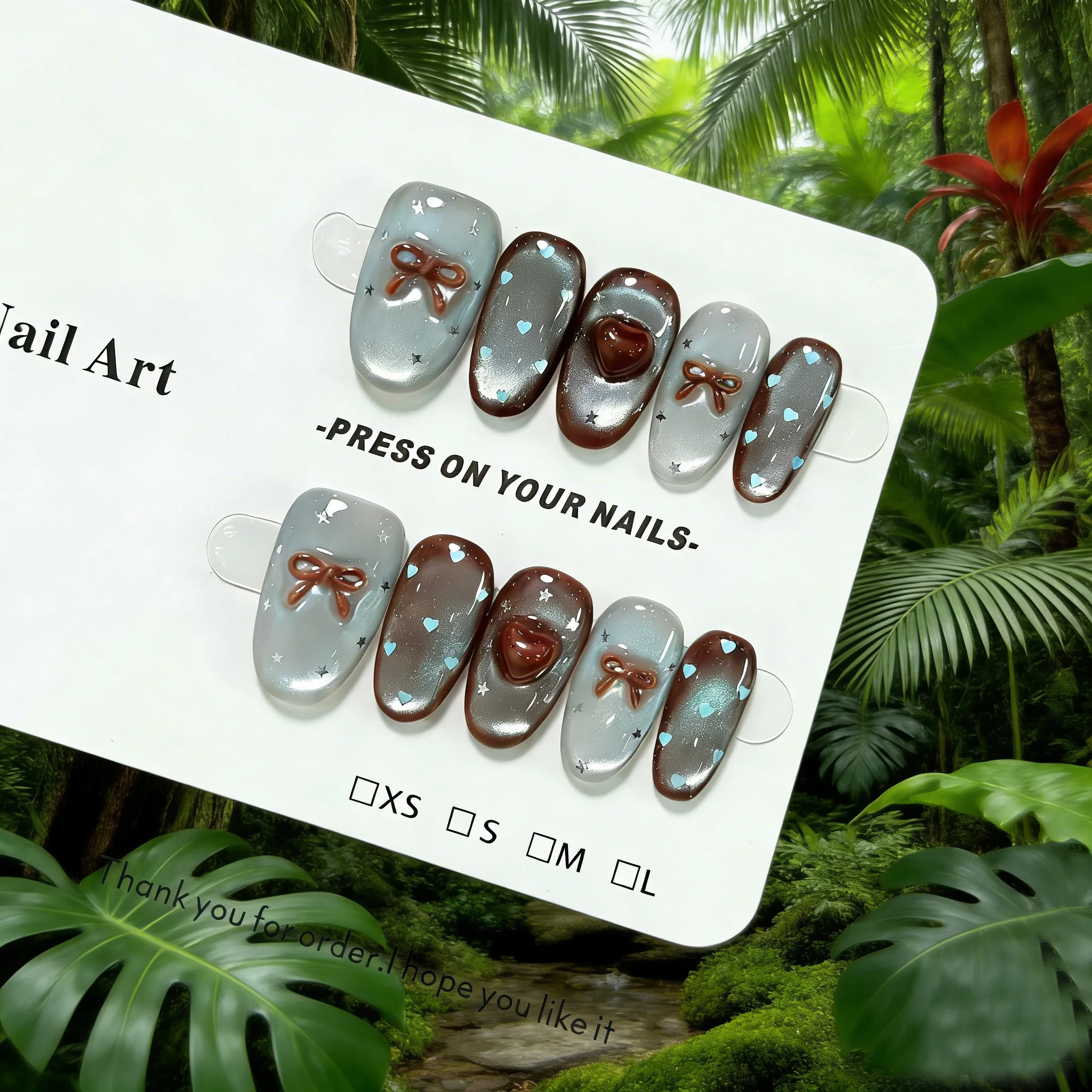 

10pcs Blue-Brown Cat Eye Handmade Nail Bow & Heart Press on Nail Medium Oval Full Coverage Nail Tips for Women&Girl False Nail