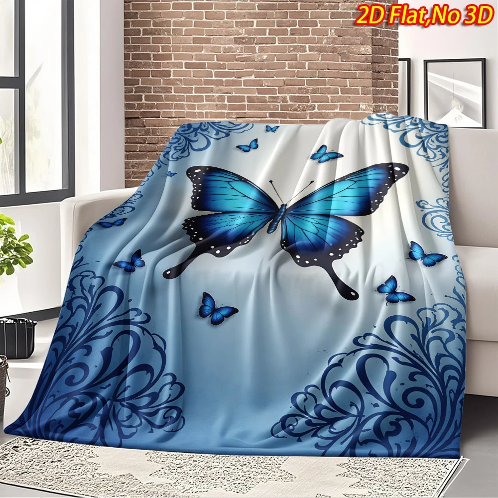 Big Blue Butterfly Vintage Scroll Gradient Blue Flannel Throw Blanket, Soft Warm Sofa Cover, Elegant Gift For Bedroom Rest Use