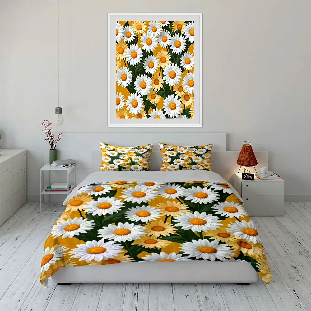 

3Pcs Yellow Background Daisy Bedding Set,White ＆ Light Yellow Daisies with Green Leaves Print Duvet Cover,Bright Spring Style