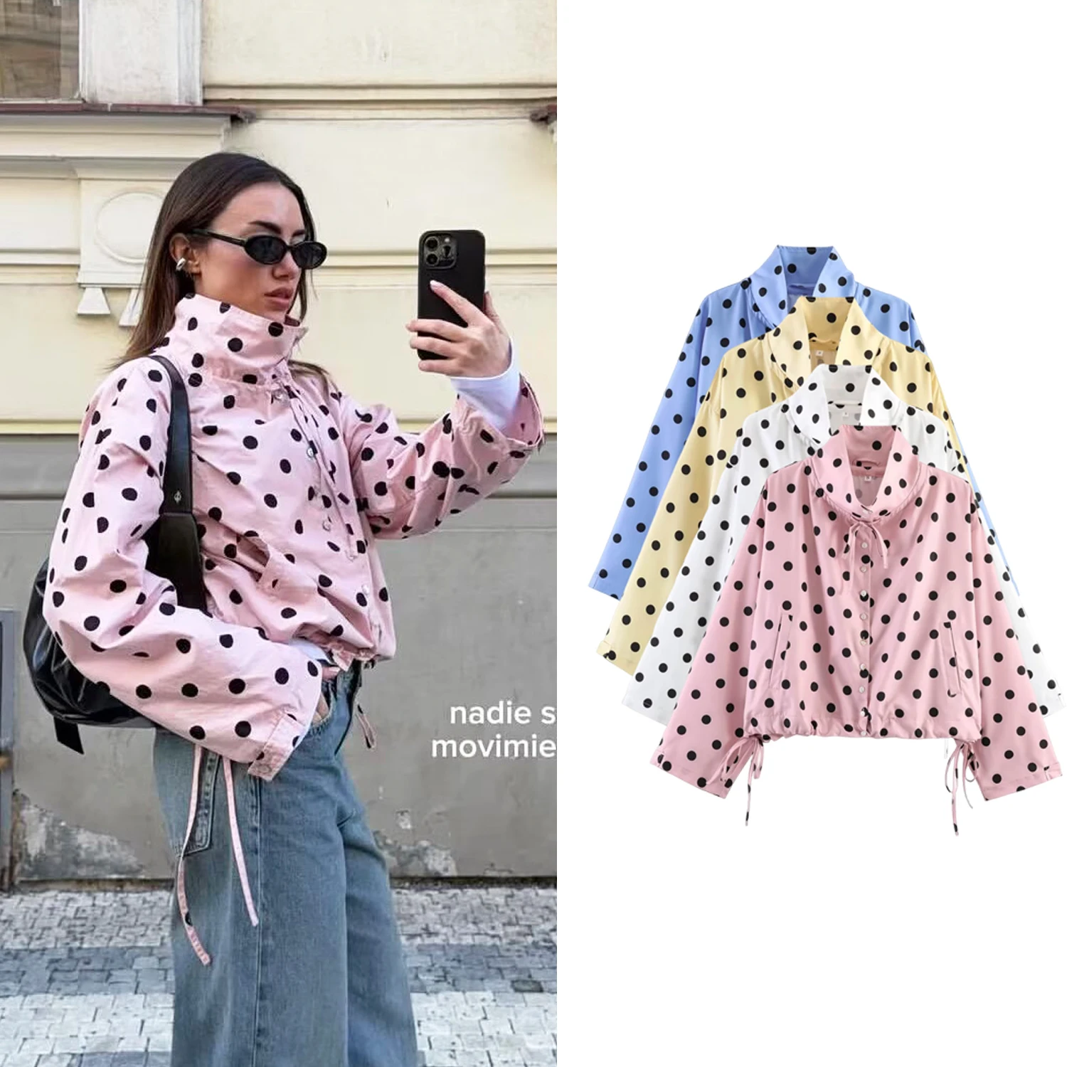 

Women Polka Dot Thin Jackets Coat Spring Female Single Breasted Long Sleeve Coats lady Casual High Street Pilot Jackets
