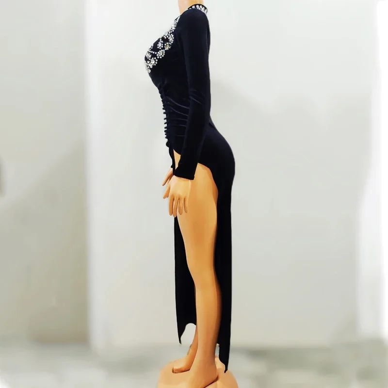 多くの色のラインストーンベルベットスリットドレスイブニングドレス女性のパーティー祝うダンスドレスステージフェスティバル衣装 XS6443