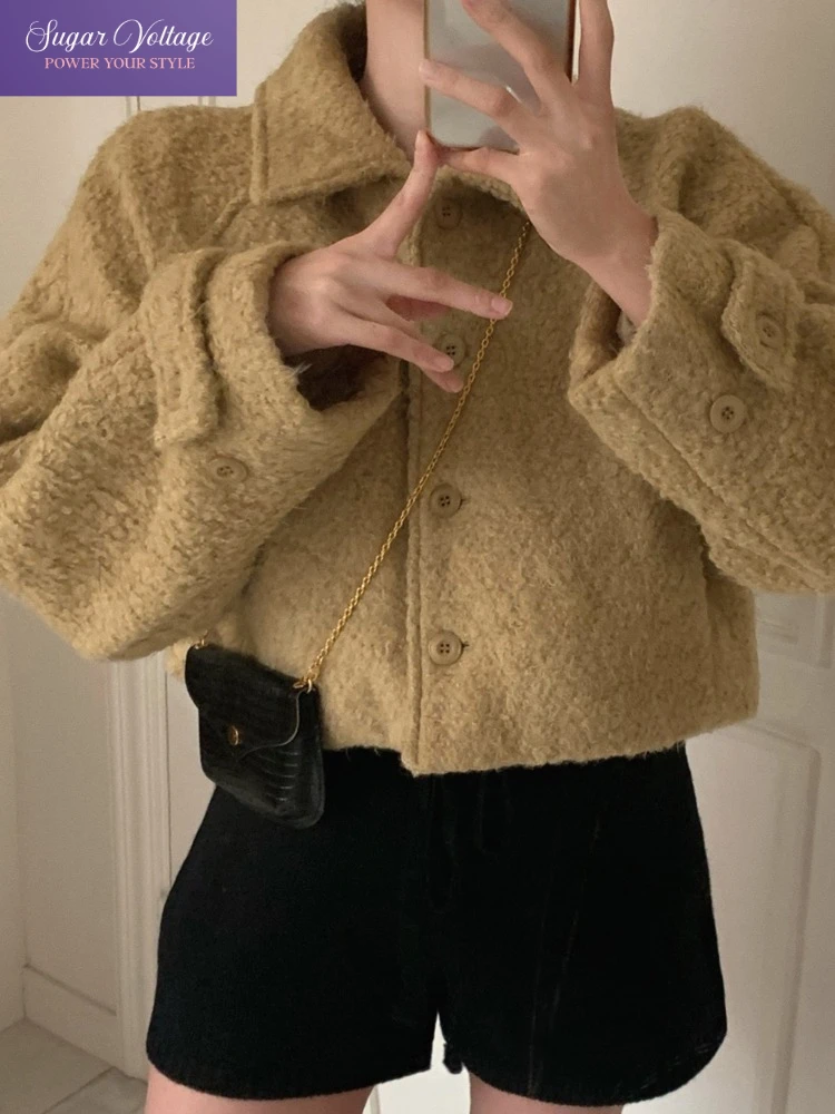 

Y2k Harajuku милые винтажные пальто женские свободные с длинным рукавом с отложным воротником шерстяные короткие куртки осень повседневный корейский модный стиль