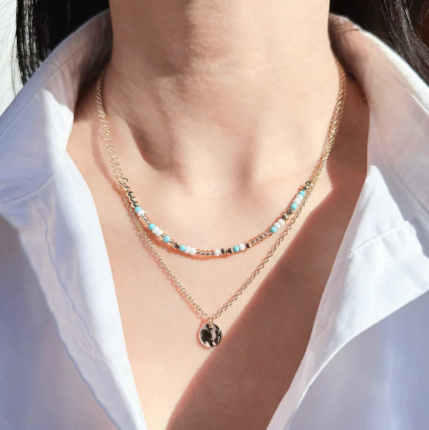 

Set of foreign trade jewelry pleated texture round brand pendant necklace with double-layer beaded sweater chain.