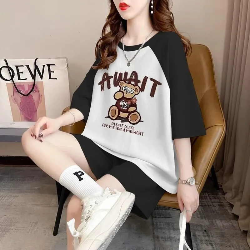 Women's 2025 Summer New Cartoon Pajamas Suit Printing Large Size Versatile Splicing Short-sleeved Top and Shorts 2 Two piece Set