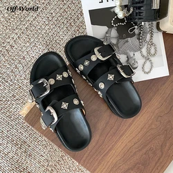 2022 Fashion Women Slippers Street Punk Metal Rivet Charms Outdoor Sandals PU Mules Flip Flops Summer Casual Shoes For Female