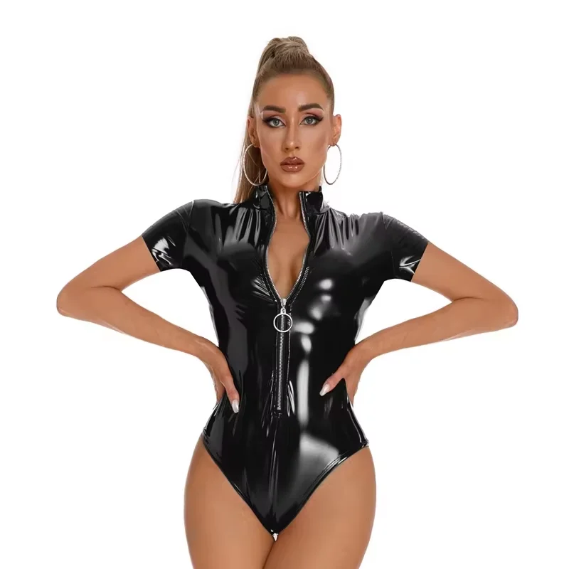 Sexy Patent Leather Bodysuit Zipper Uniform Women's Sleepwear Pure Desire Rompers Fashion Body Suits for Ladies