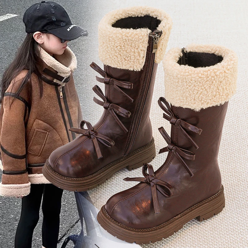 

Children's Fashion Girls Long Tube Boots Winter New Korean Version Fleece High Tube Boots Sweet Butterfly Knot Princess Boots