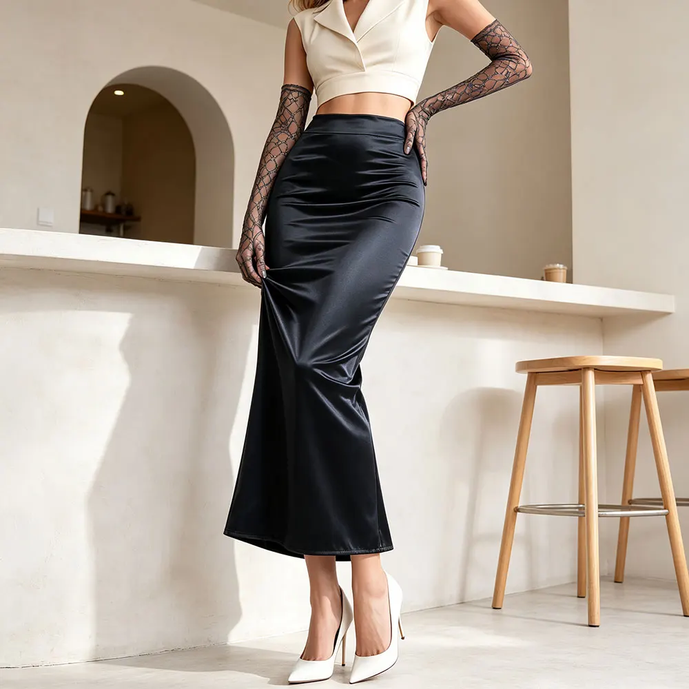 Women High Waist Liquid Leather Pencil Skirt Wet Look PU Slim Fit Bodycon Midi Back Zip Slit Office Party Night Out Sexy Elegant