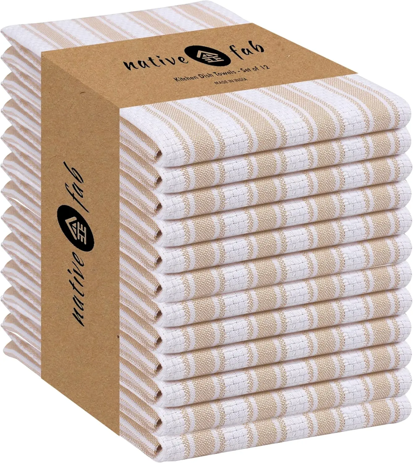 

100% Cotton Beige Kitchen Towels - 16x26 inches - Set of 12 - Basket Weave Stripe Dish Towels for