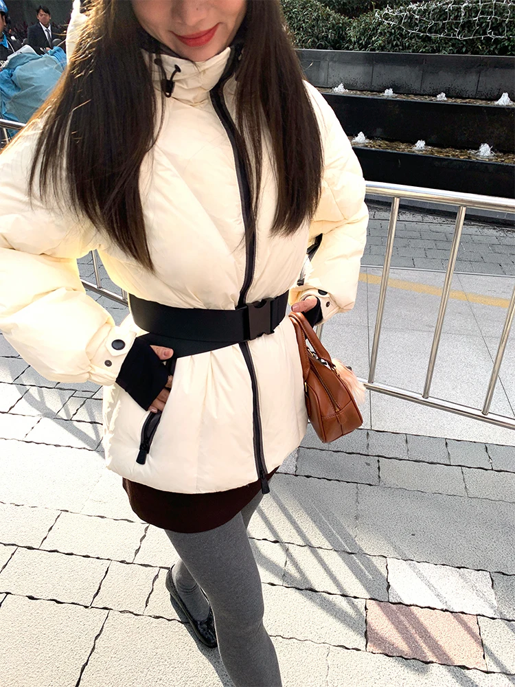 Dames Winter Puffer Jaet Wit Capuchon Taille-klinkende Warmte Hoog naar beneden Inhoud Koreaanse Sle Thiened Lange Sve Rits