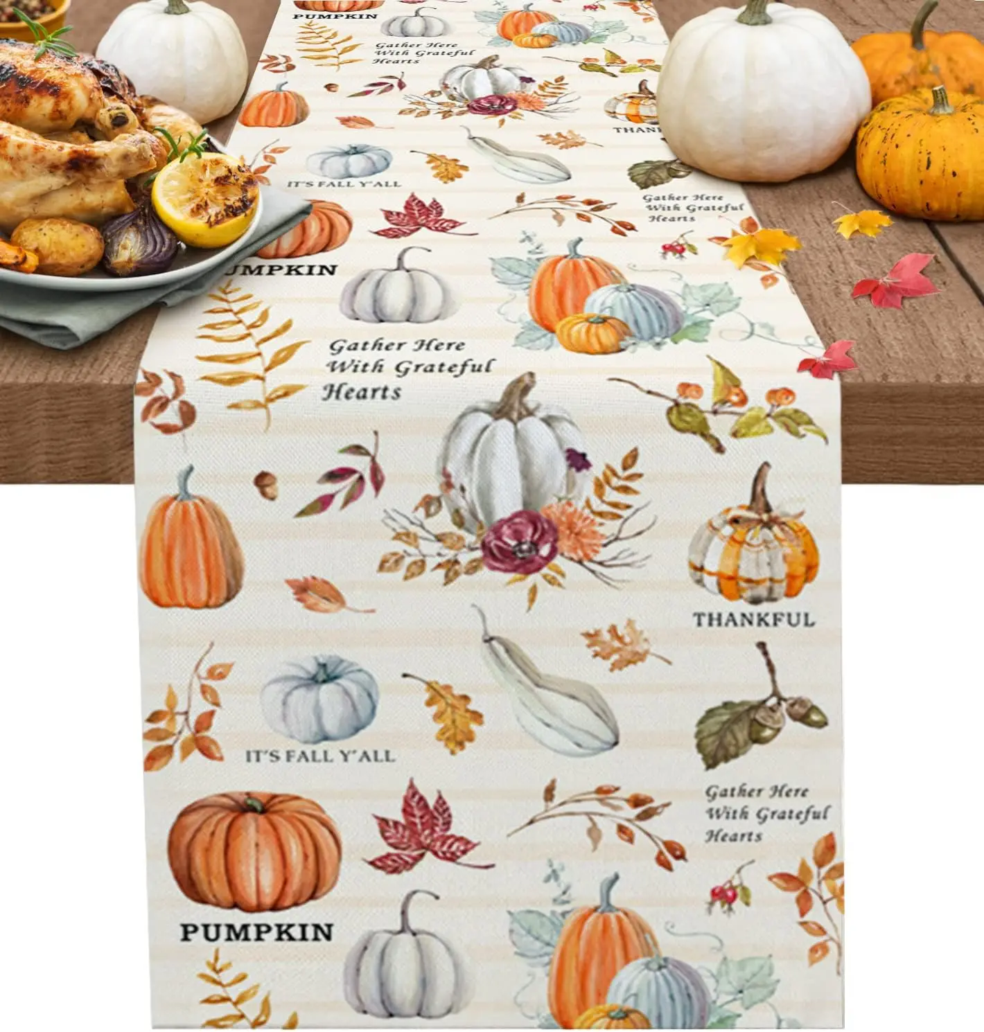 Fall Pumpkin Farm Plants Linen Table Runner Party Decor Autumn Harvest Kitchen Dining Table Runner Thanksgiving Decorations