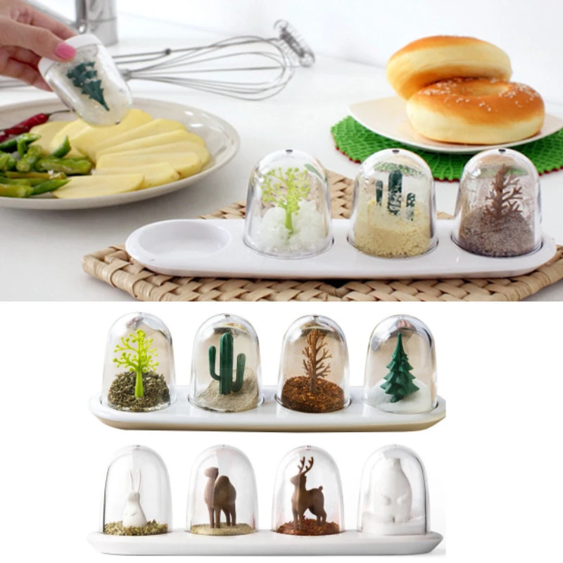 Creative Cute Spice Jar Kawaii Animal Forest View Spice Bottle Pepper Sugar Salt Shaker Kitchen Dining Table Seasoning Organizer