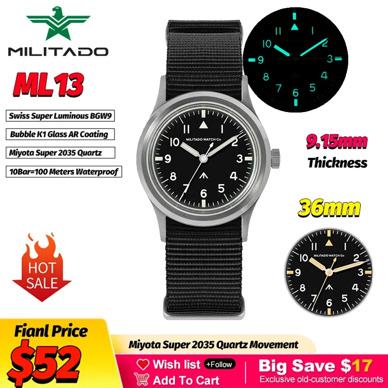 

Часы Militado ML13 36 мм, винтажные, черные, кварцевые, Miyota Super 2035, AR Bubble K1 Glass C3/BGW9, водонепроницаемые, 100 м, мужские, для активного отдыха