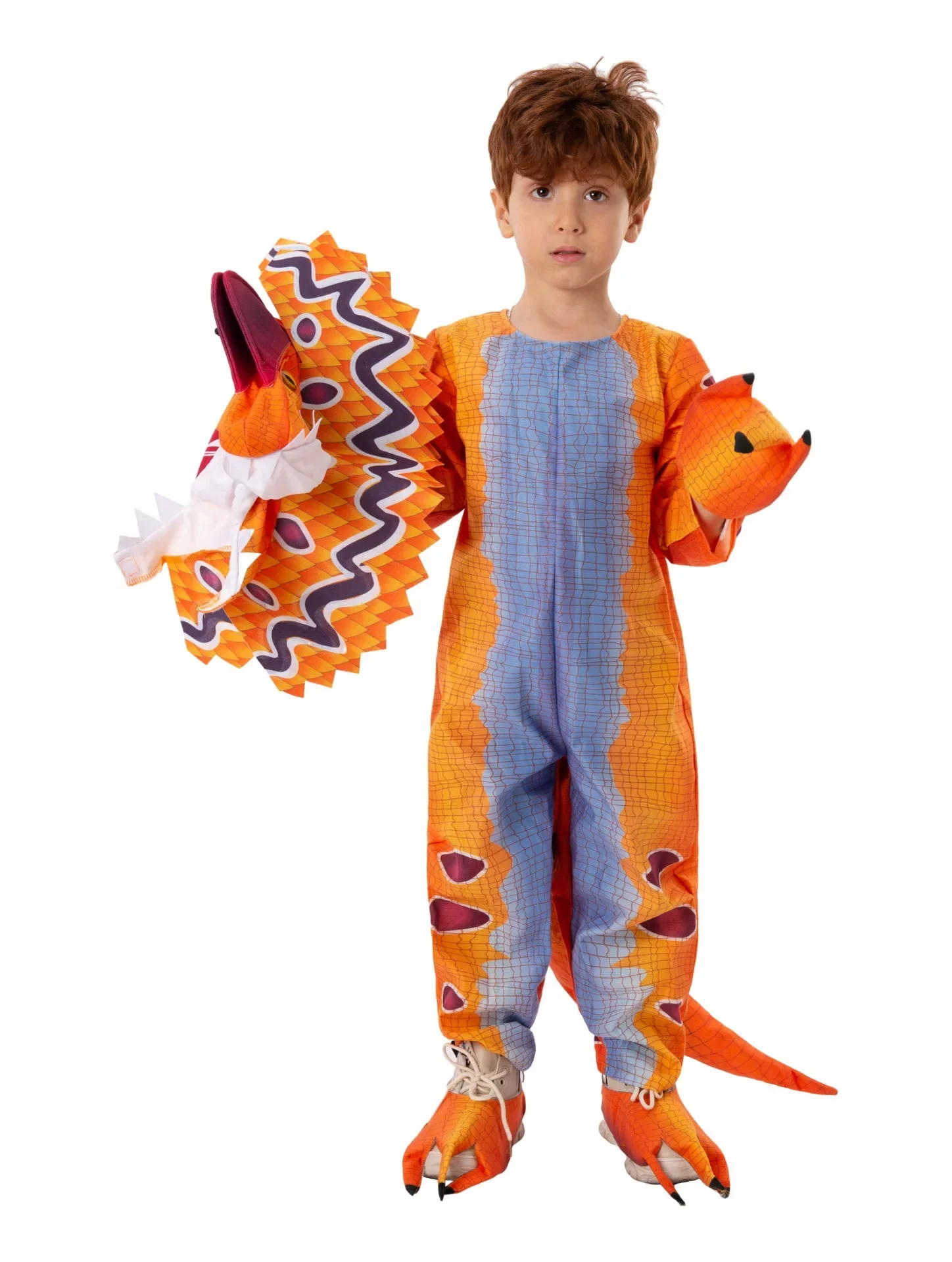 Disfraz de dinosaurio de dibujos animados para niños, traje de Dilophosaurus naranja, Mono para niños, fiesta escolar, juego de rol para estudiantes