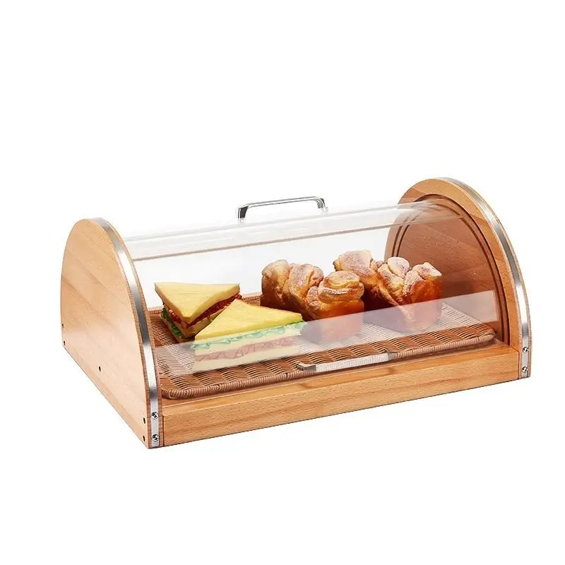 Buffet Bread Display Cabinet Cover Cake Tray Fruit Snack Display Tray Wooden Flip with Cover