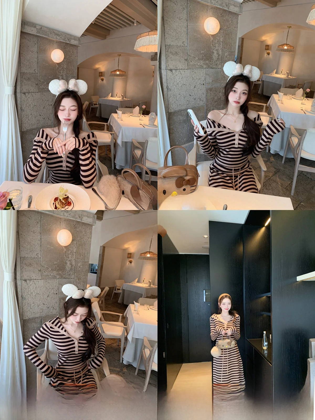 

Комплект ThePeachOfficial Gwendoline: вязаный свитер в полоску и юбка свободного кроя с длинными рукавами, средней длины, с темно-синим воротником