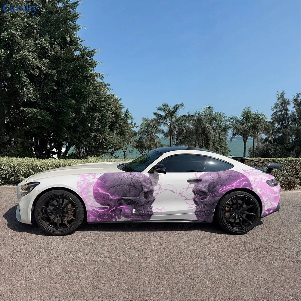 2pcs Skeleton Purple Lightning Car Side Wraps, Self-Adhesive PVC Waterproof & Scratch-Resistant Stickers, Car Accessory Gift