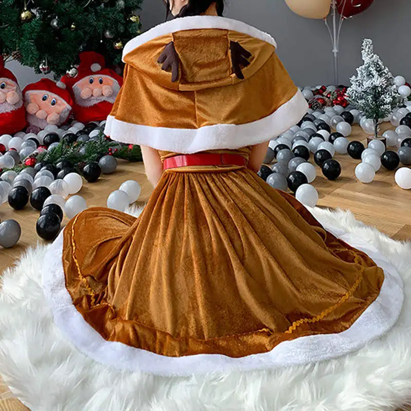 Traje de Cosplay de Rena de Natal feminino, vestido marrom, uniforme, veados, alces, capuz, xale, roupas bonitas, fantasias, 2024