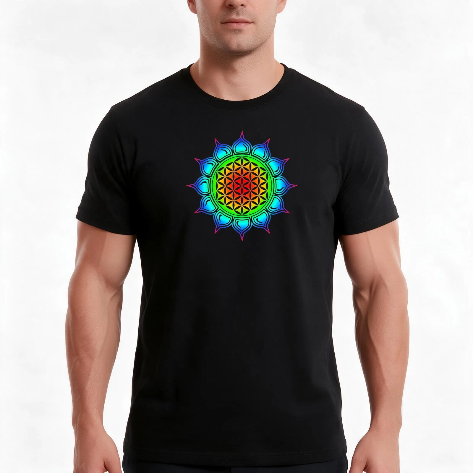 Flower of life - Heart Chakra Lotus, Rainbow, Sacred Geometry, Harmony & Balance T-Shirt, Summer Casual Cotton Tee, 100% Cotton