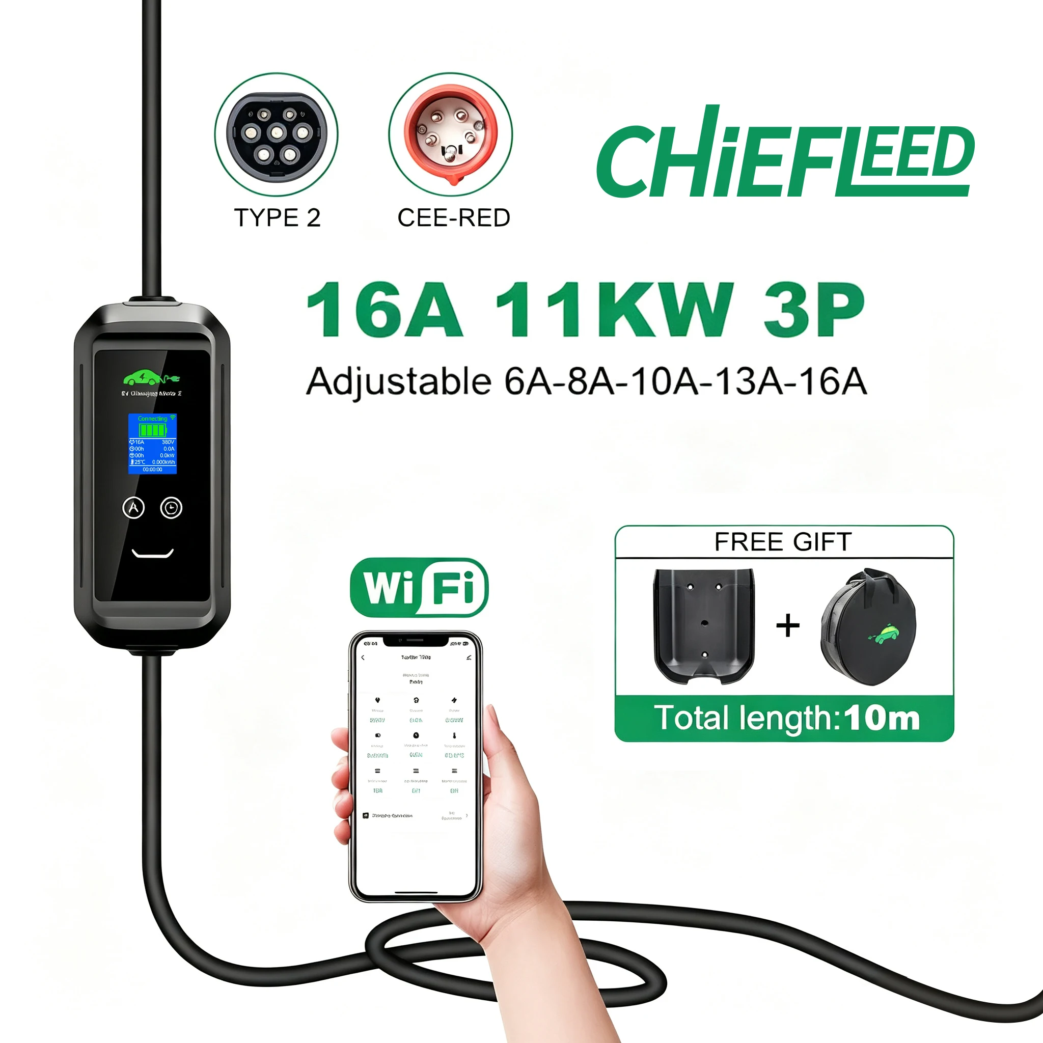 Chiefleed EV-Ladegerät 16A 11KW Typ 2 Ladestation mit Zeitverzögerung 1-15 Stunden Speicherfunktion für Elektrofahrzeuge Gesamtlänge 10M