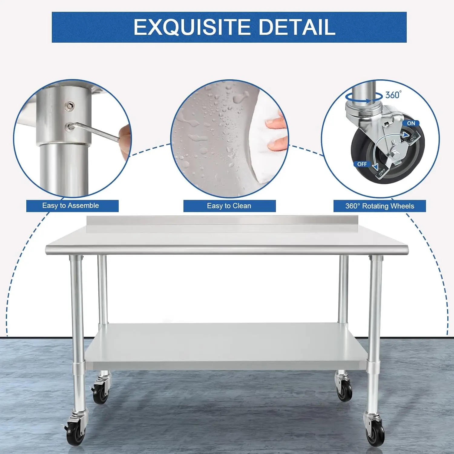 Stainless Steel Table 24 x 48 Inches with Wheels Casters NSF Heavy Duty Commercial Prep Table with 2” Backsplash and Adjustable