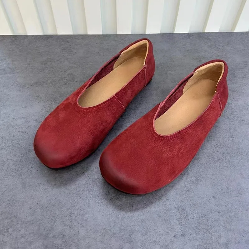 Careaymade-Genuine Leather women\'s shoes retro round toe casual one foot shallow mouth flat single shoes women grandma shoes