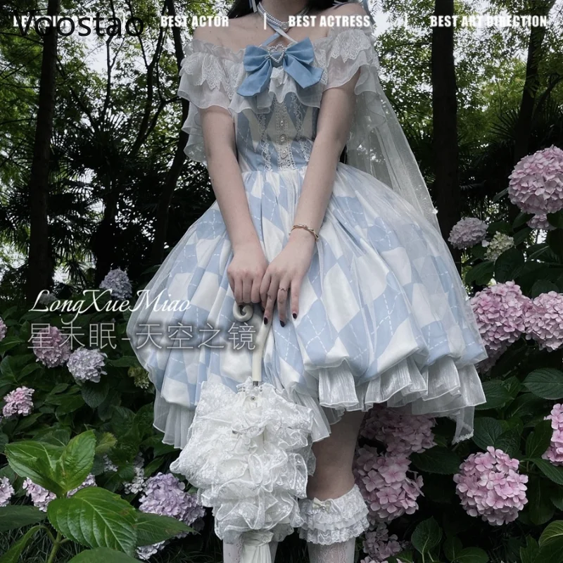 Japanischen Süßen Lolita Prinzessin Kleid Frauen Vintage Eleganten Bogen Spitze Off Schulter Plaid Party Kleider Girly Kawaii Hochzeit Kleid