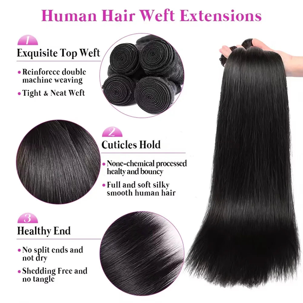 3/4 Pcs  Natural Color Straight Bundles Natural Black Weave Human Hair Bundles 40 Inches Human Hair Remy Hair For Women
