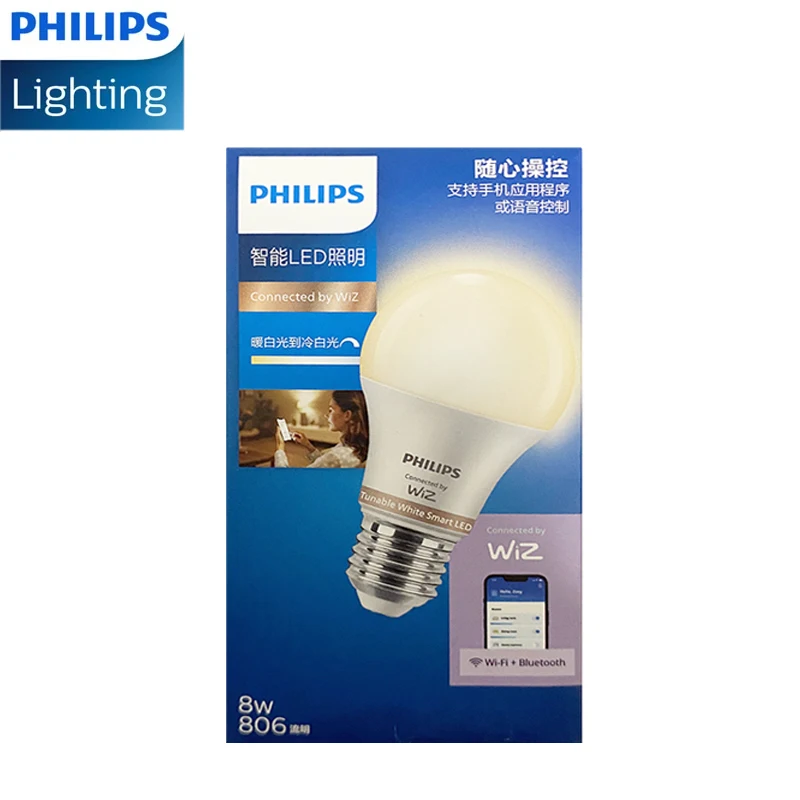 Умная светодиодная лампа Philips 8W A60 E27, 220-240В, с регулируемой цветовой температурой, Wi-Fi, управление через приложение WiZ, теплый-холодный белый свет, защита для глаз, диммируемая
