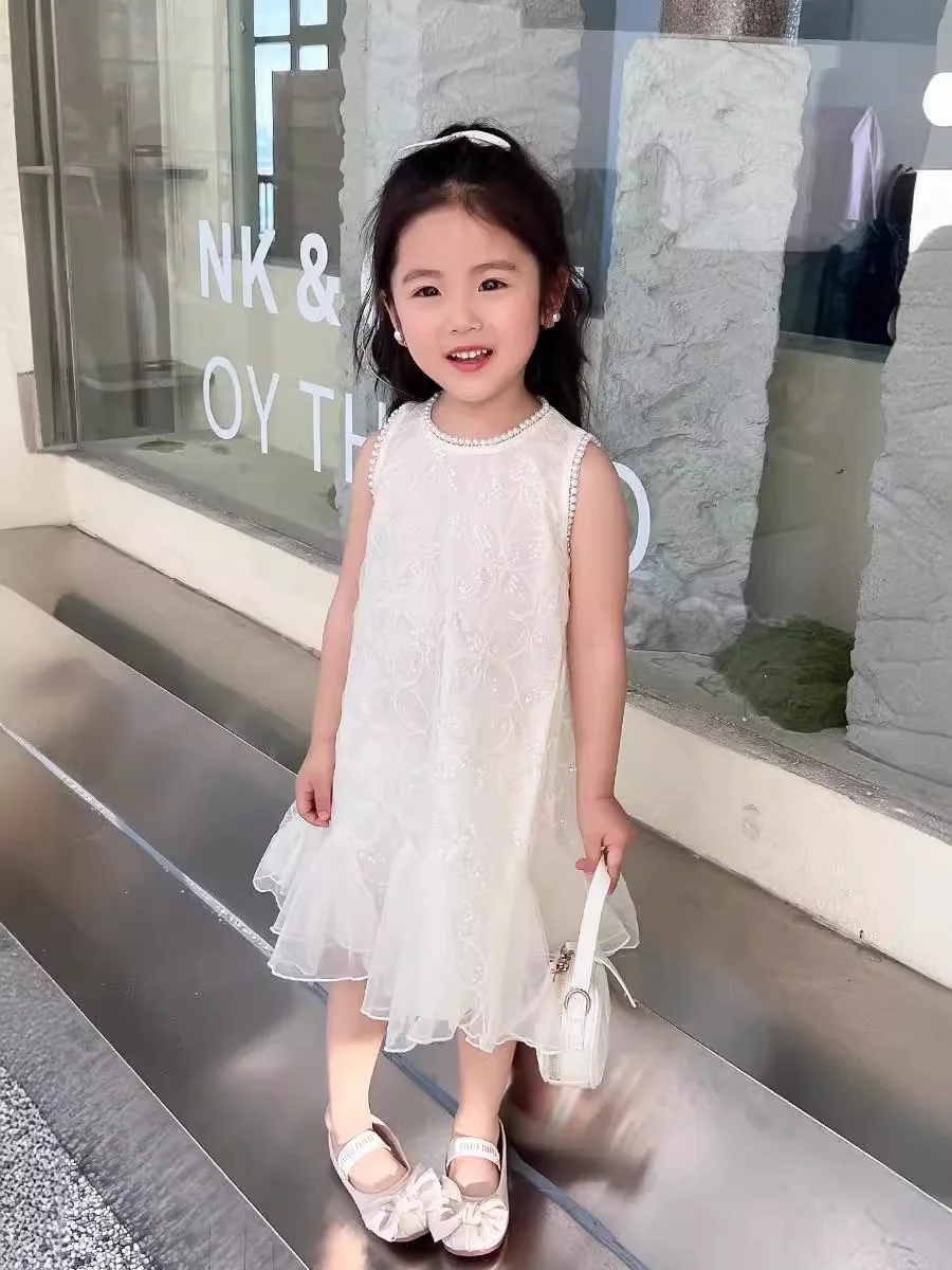 Children\'s Dress Summer New Korean Version of the Princess Dress Fashion Pearl Sleeveless Dress Pure White Undershirt Dress