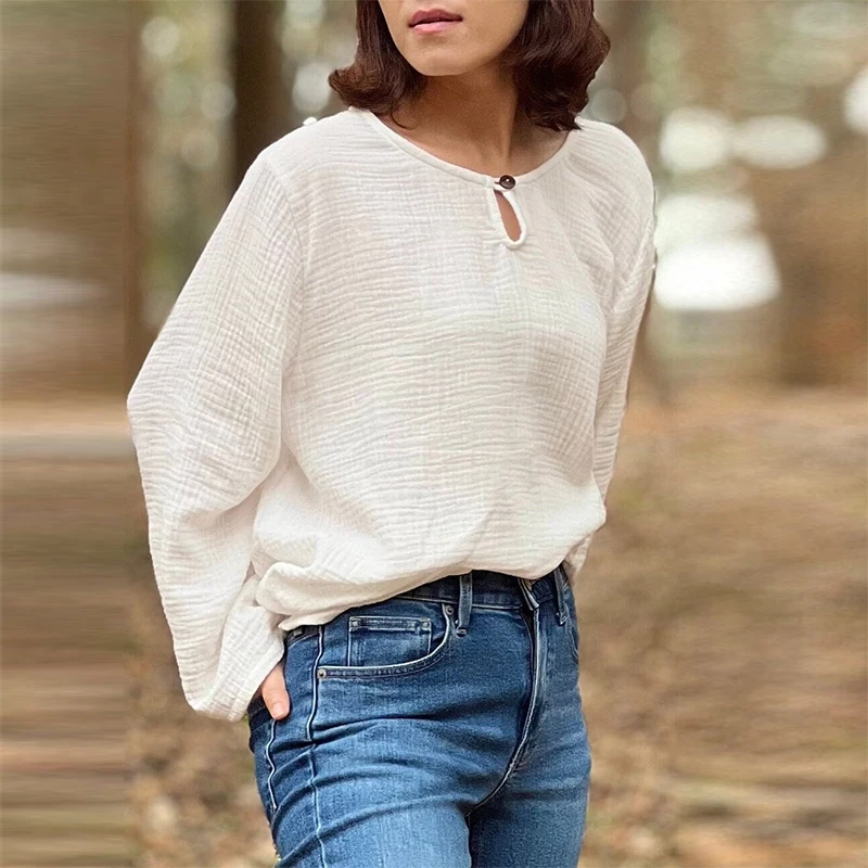 

Muslin 100% Cotton Gauze Oversized T-Shirt With O-Neck Women'S Long Sleeve Top Casual Elegant White Shrits Outfits Clothes